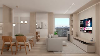 Sala e jantar integrados do Apartamento Aconchego Claro em tons neutros