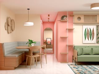 Sala e jantar do Apartamento Afetivo com tons coral, verde e madeira
