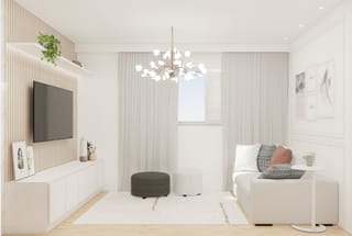 Sala clara do Apartamento Compacto Luminoso com painel de TV e sofá neutro
