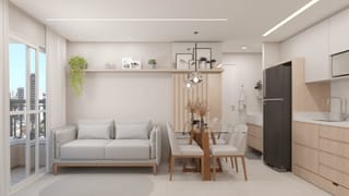 Ambiente integrado do Apartamento Essencial com sala, cozinha e jantar em tons neutros