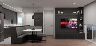Sala integrada do Apartamento Grafite com marcenaria escura e painel de TV