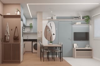 Ambiente integrado do Apartamento Rosé Funcional com cozinha, bancada e área de estudo