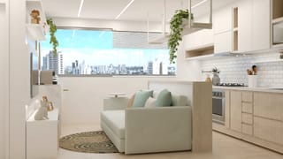 Sala integrada do Apartamento Verde Leve com cozinha clara e detalhes em verde