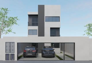 Fachada do Edifício Residencial Moacir com portão, garagem e volume vertical
