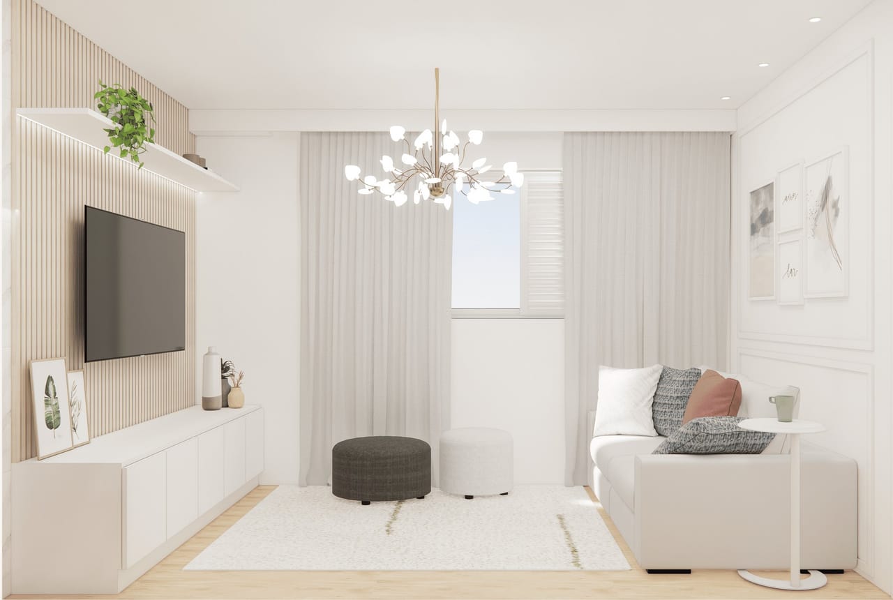 Sala clara do Apartamento Compacto Luminoso com painel de TV e sofá neutro