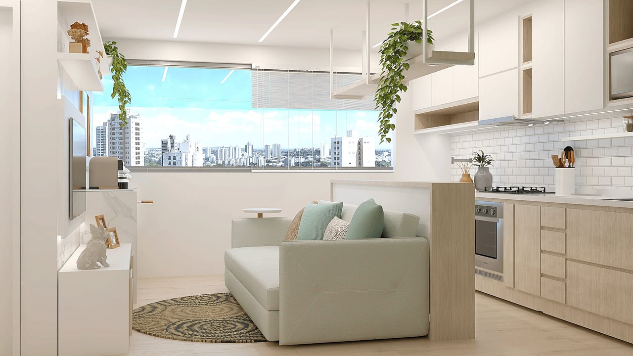 Sala integrada do Apartamento Verde Leve com cozinha clara e detalhes em verde
